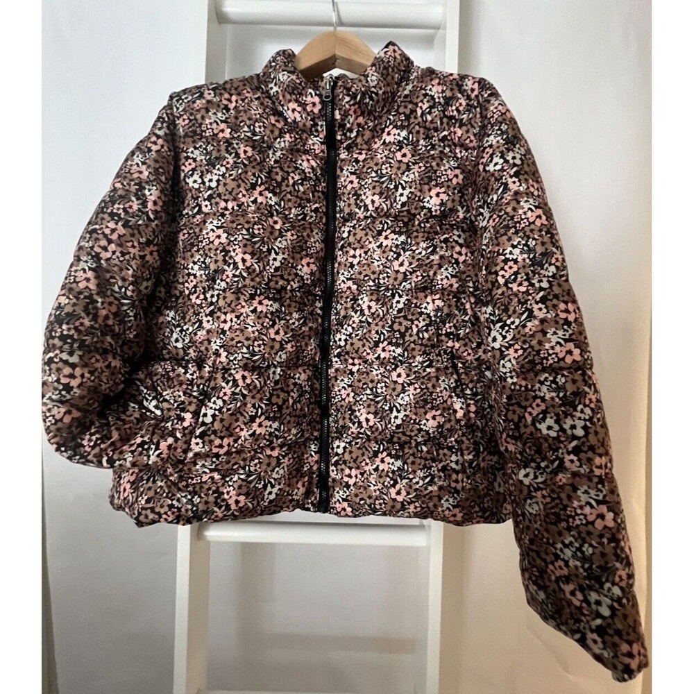 Quilted Winter Puffer Jacket Womens 2X 20W - 22W Print Black Pink Zip Pockets